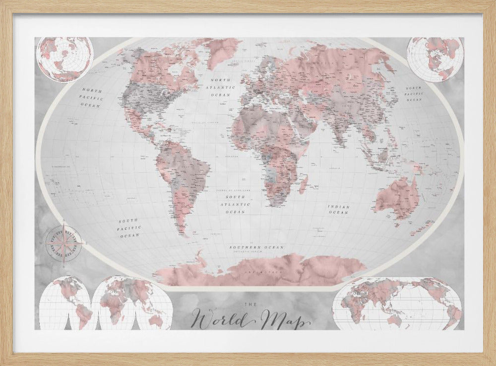 A stylized world map in a grey frame, with continents colored in shades of pink and grey. The background and oceans are a light grey, and the image includes various map projections in the corners and at the bottom. The title 'The World Map' is written in a cursive script at the bottom center. Artwork