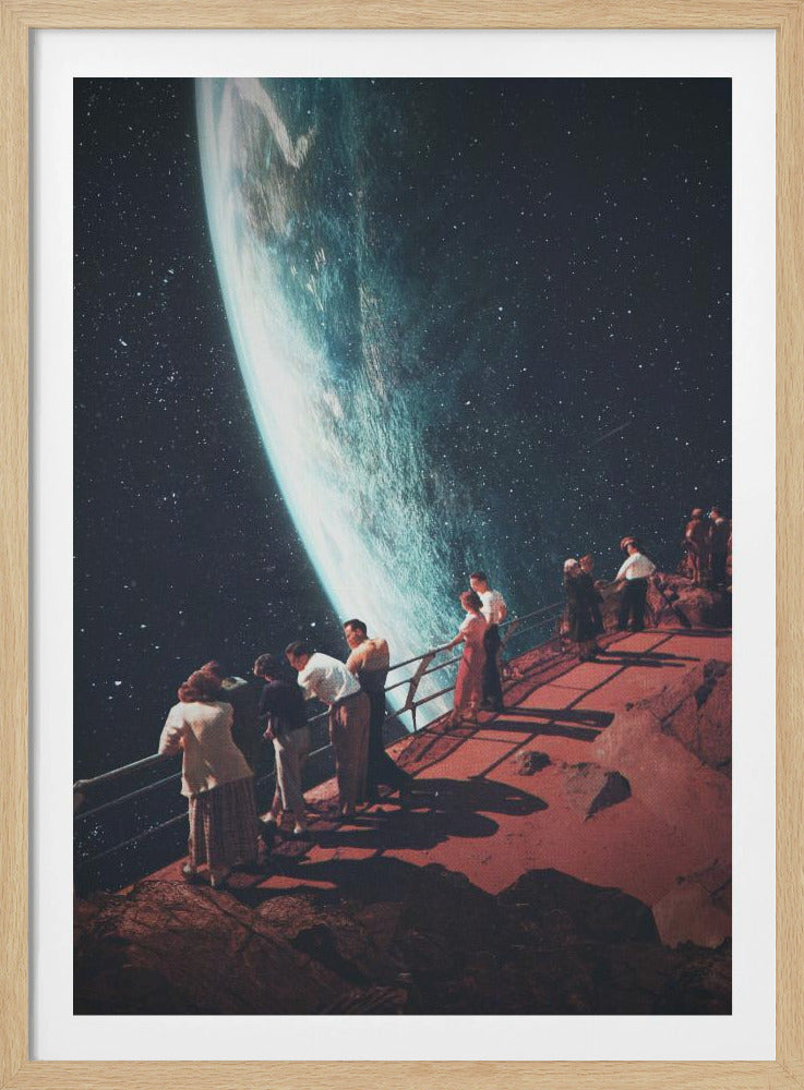 A surreal vintage-style collage showing a group of people dressed in mid-century clothing standing on a reddish-brown rocky platform with a railing, gazing in awe at a massive, glowing planet against a dark, star-filled sky. Poster