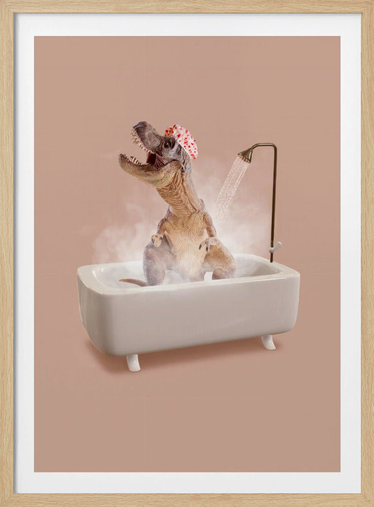 A humorous image of a Tyrannosaurus Rex wearing a red and white shower cap while taking a shower in a small white bathtub. The dinosaur has its head tilted back with its mouth open, enjoying the water, and is surrounded by steam against a dusty pink background. Print