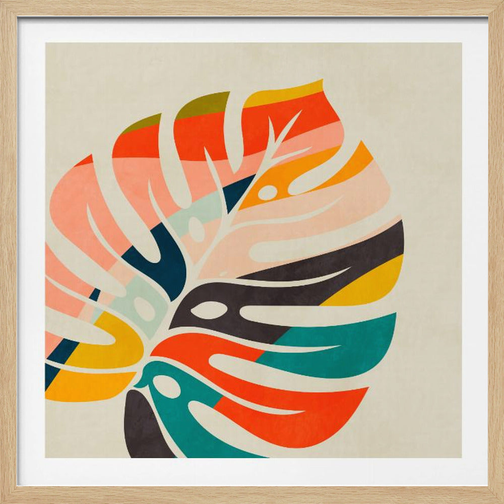 A framed abstract artwork featuring a stylized Monstera leaf. The leaf is composed of various colorful blocks and stripes in orange, teal, pink, and dark blue, set against a beige background. Print