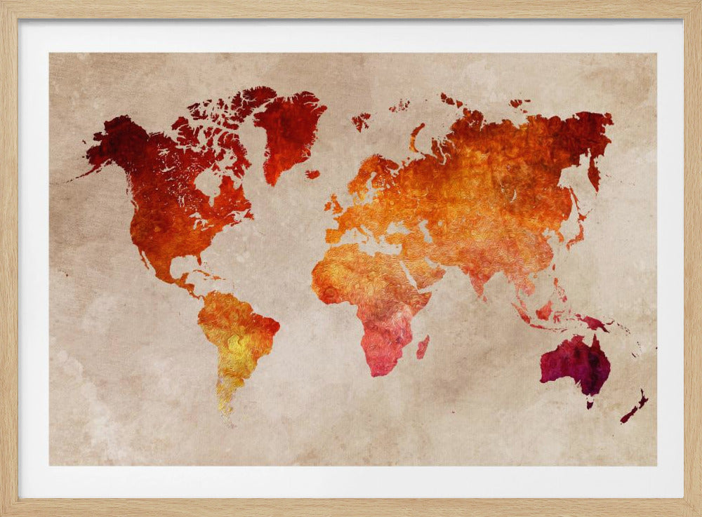 An artistic world map with continents filled in a fiery, textured blend of red, orange, and yellow hues. The map is set against a distressed, parchment-style beige background and is presented in a brushed silver frame. Poster