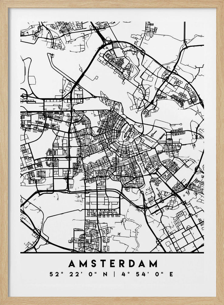 A minimalist black and white line art map of Amsterdam, Netherlands, in a black frame. The map details the intricate network of streets and canals. Below the map, the city's name 'AMSTERDAM' is printed in a bold, sans-serif font, with its geographical coordinates '52° 22' 0" N | 4° 54' 0" E' underneath. Poster