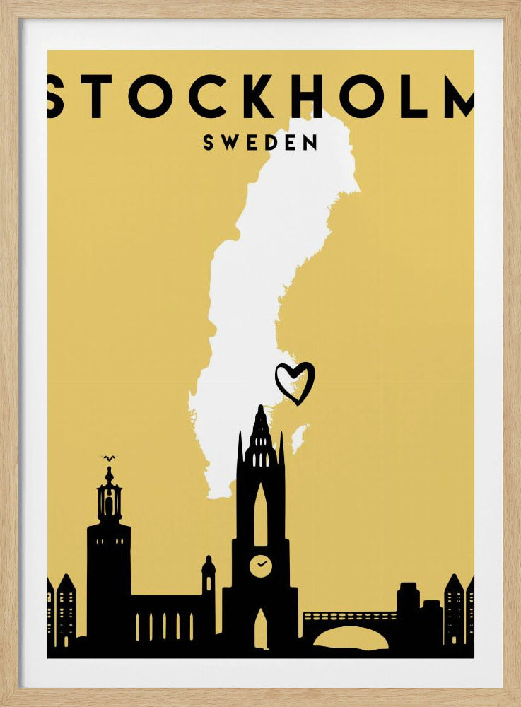 A minimalist travel poster for Stockholm, Sweden. It features a mustard yellow background with a black silhouette of the city's skyline at the bottom. A white outline of the map of Sweden is in the center, with a small black heart indicating Stockholm's location. The text 'STOCKHOLM SWEDEN' is at the top in black lettering. Decor