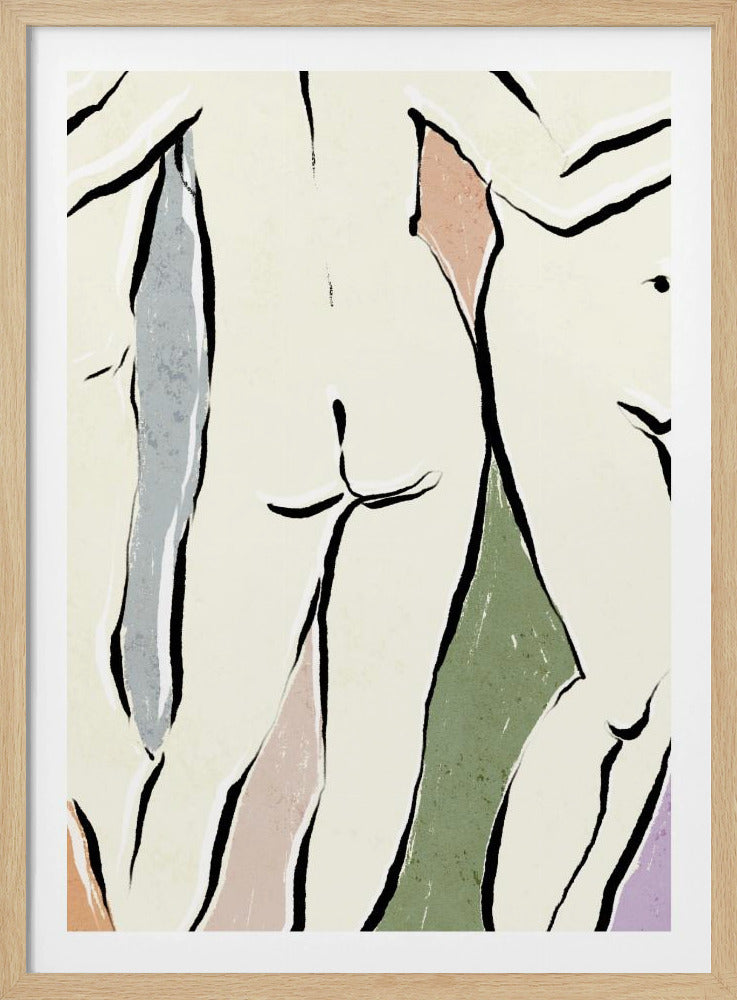 An abstract figurative artwork in a black frame featuring overlapping nude human forms. The figures are defined by bold, black ink lines on a cream background, with blocks of muted colors like dusty rose, sage green, and slate blue accentuating the shapes. Decor