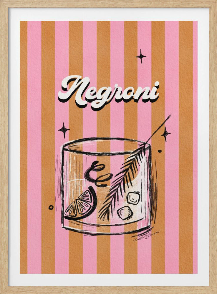 A retro-style poster of a Negroni cocktail. The drink is in a sketched rocks glass with a citrus slice and garnish, set against a background of vertical pink and orange stripes. The word 'Negroni' is written above in a stylized white font. Artwork