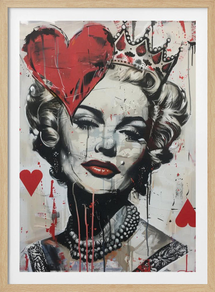 A modern pop art portrait of a glamorous woman, possibly Marilyn Monroe, in a black and white style with bold red accents. She wears a crown, and a large red heart covers one eye. The painting has a street art feel with paint splatters, drips, and stenciled heart suit symbols. Artwork