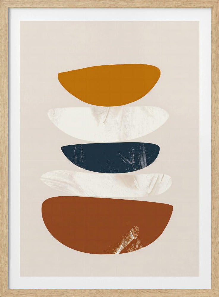 A framed abstract painting with a stack of five flattened, semi-circular shapes against a light beige background. From top to bottom, the shapes are colored mustard yellow, textured white, dark navy blue, textured white, and a larger rust brown. Wall Art