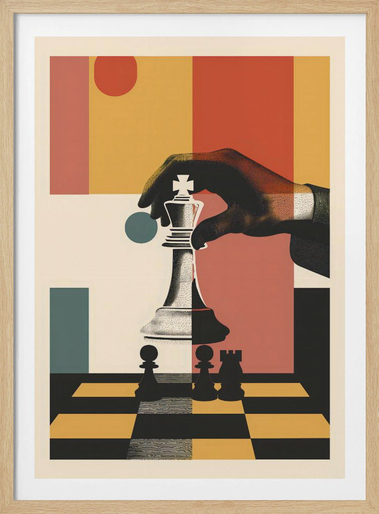 A modern graphic art poster of a hand moving a white king chess piece on a black and yellow chessboard. The background is a collage of abstract geometric shapes in red, orange, yellow, and teal. Decor
