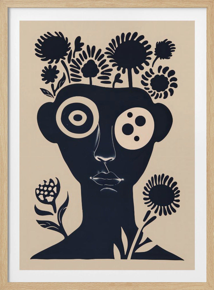 A two-tone abstract portrait of a person's head and shoulders in dark navy blue against a cream background. Stylized flowers and trees grow from the top of the head like hair. The eyes are large and graphic, one a target-like pattern and the other with multiple dots. The piece has a modern, minimalist, and surreal feel. Poster