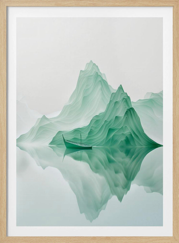 A minimalist digital artwork of a tranquil landscape featuring layered, jade-green mountains reflected in still, glassy water. A small, traditional green boat floats peacefully on the surface, adding to the serene and ethereal atmosphere. Poster