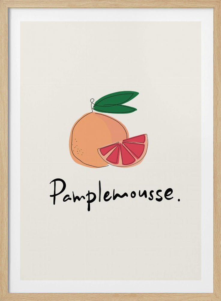 A minimalist art print featuring a stylized illustration of a whole grapefruit and a cut wedge. The fruit is peach-colored with a vibrant pink interior, topped with green leaves. Below the illustration, the French word 'Pamplemousse.' is written in a casual black script. The background is a soft off-white, and the print is enclosed in a simple black frame. Wall Art