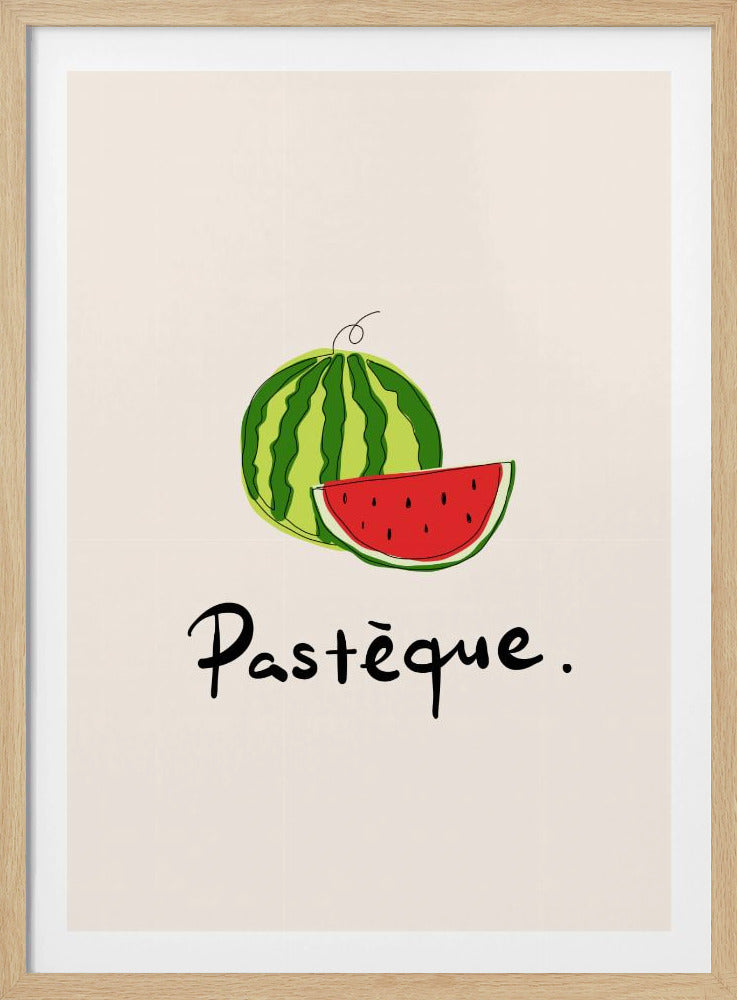 A framed art print featuring a simple, stylized illustration of a whole watermelon and a juicy red slice. Below the fruit, the French word 'Pastèque.' is written in black cursive script on a light cream background. Decor