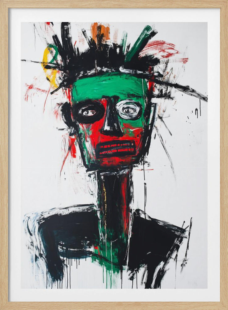 An abstract neo-expressionist portrait of a figure with a green and red face, wide, frantic eyes, and spiky black hair against a stark white background, painted with raw, energetic brushstrokes. Artwork