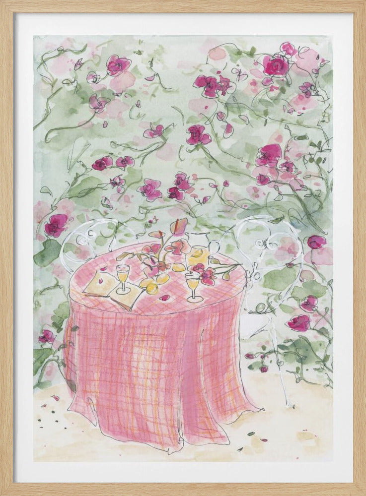 A whimsical watercolor illustration of a romantic garden scene. A table for two is set with a pink plaid tablecloth, glasses of wine, and scattered flowers, surrounded by white chairs and a backdrop of climbing pink roses. Poster