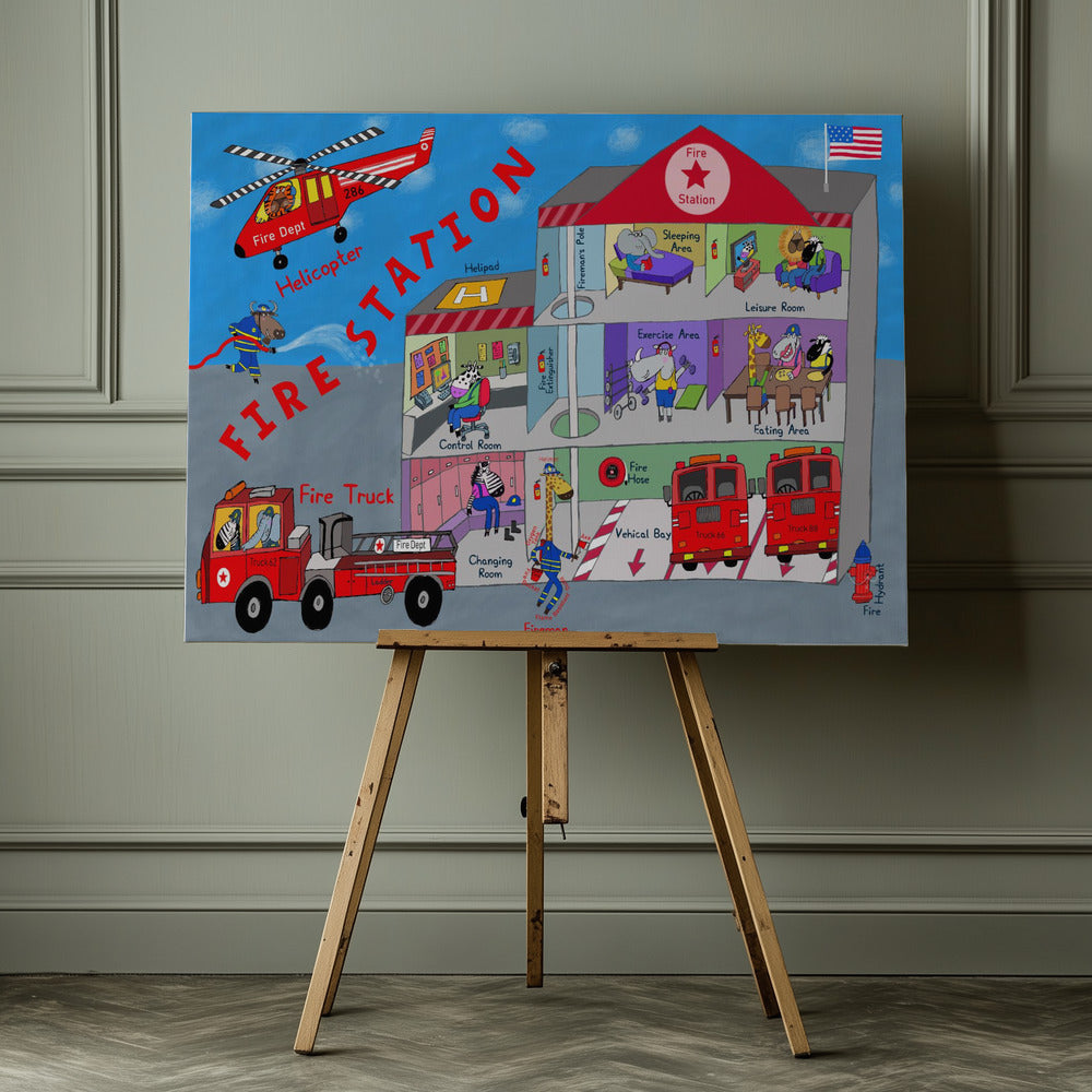 Firemen and the Fire Station by Artist Carla Daly - Poster / Art Print - interiör