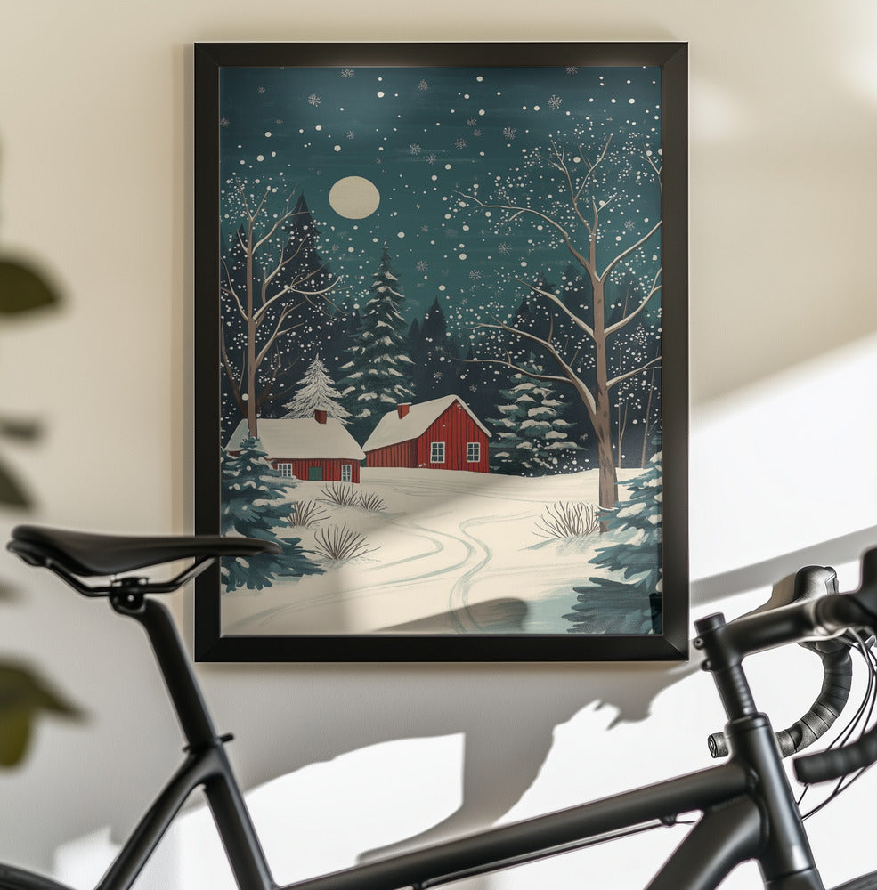 Red Houses and Snowy night sky - Poster / Art Print - interiör