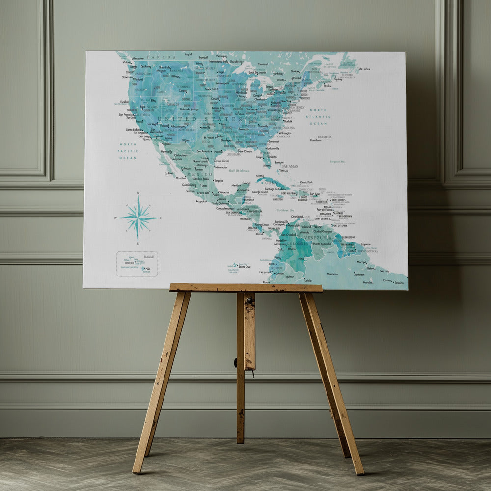 Aquamarine map of USA and Mexico - Poster / Art Print - interiör