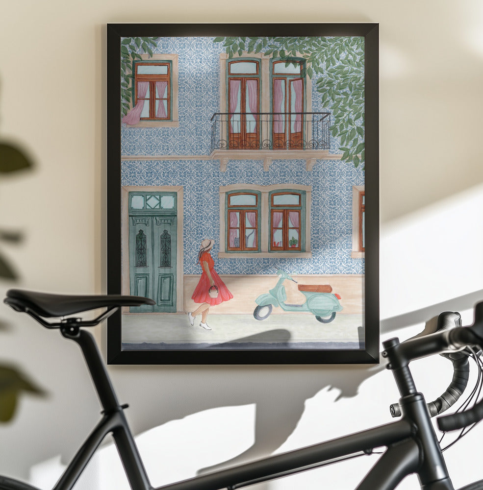 Street Scene with Elegant Woman in Red Dress - Poster / Art Print - interiör