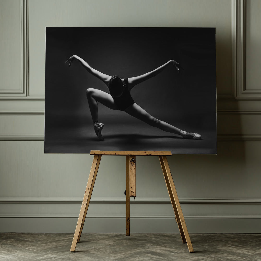 soaring. A ballerina in a pointe shoes in a lunge with her arms outstretched like wings - Poster / Art Print - interiör