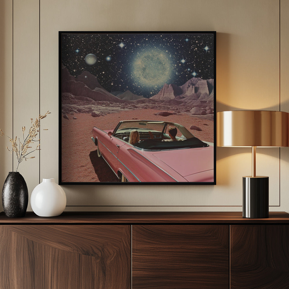 Pink Vintage Car In Space Collage Art 2 - Poster / Art Print - interiör