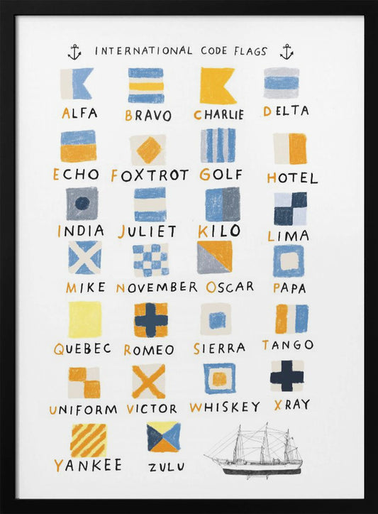 An illustrated art print titled 'International Code Flags' displaying the 26 signal flags corresponding to the letters of the alphabet, from Alfa to Zulu. The flags are arranged in a grid with a hand-drawn look, primarily in shades of blue, yellow, white, and black. A small drawing of a sailing ship is in the bottom right corner. Decor