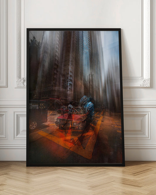 An abstract, vertically oriented photograph of a city street with a strong motion blur effect. Towering buildings are stretched vertically, creating a surreal, melting appearance. In the foreground, semi-transparent figures of people cross a street with bright orange markings, near a red car, suggesting a chaotic and energetic urban scene. Artwork