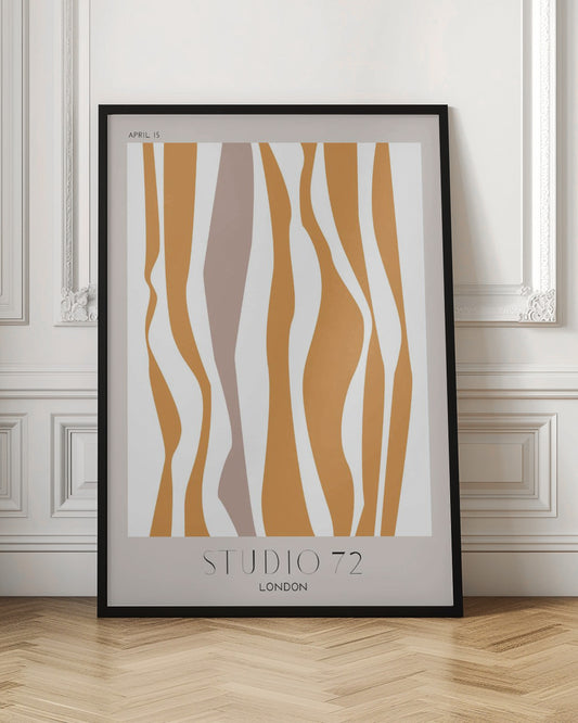A modern abstract art print in a black frame, featuring wavy vertical stripes in mustard orange and muted mauve against an off-white background. The print has a light beige border with 'APRIL 15' at the top and 'STUDIO 72 LONDON' at the bottom. Artwork
