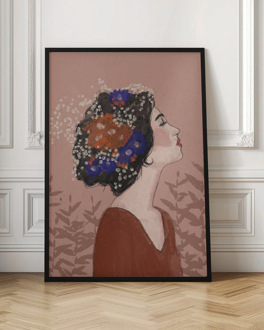 An illustrative portrait of a woman in profile with her head tilted back and eyes closed. Her dark, curly hair is adorned with vibrant orange, blue, and small white flowers. She is wearing a rust-colored top against a dusty pink background with a faint leaf pattern. Print