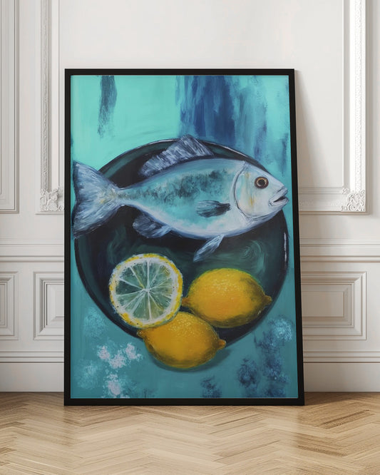 A vibrant still life painting of a silver fish on a dark plate, accompanied by two whole yellow lemons and a lemon slice, set against a painterly turquoise and blue background. Decor