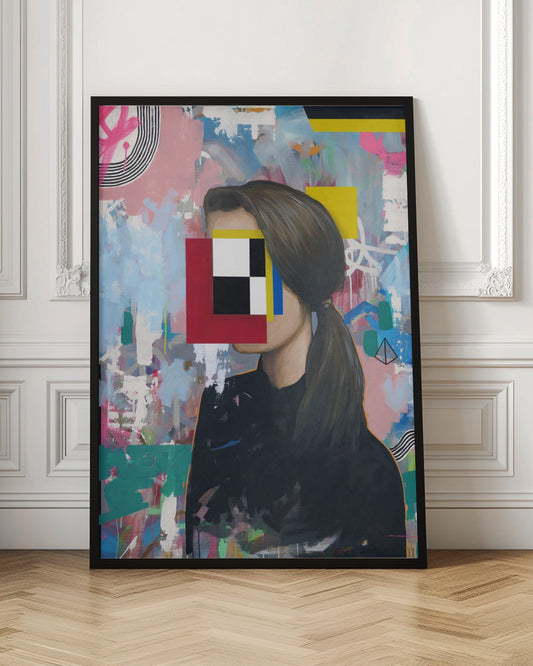 A modern abstract portrait of a woman in profile with her face obscured by a collage of red, yellow, blue, black, and white geometric shapes. She has brown hair in a ponytail and wears a black shirt, set against a vibrant, graffiti-style background of pink, blue, and teal brushstrokes. Decor