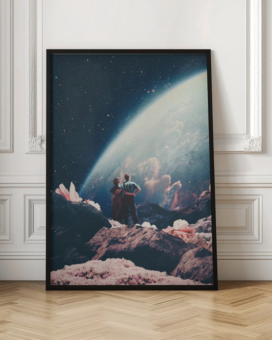 A surreal collage showing a couple standing on a rocky, alien landscape dotted with large pink flowers, gazing up at a vast, star-filled cosmos dominated by the glowing curve of a massive planet. Decor