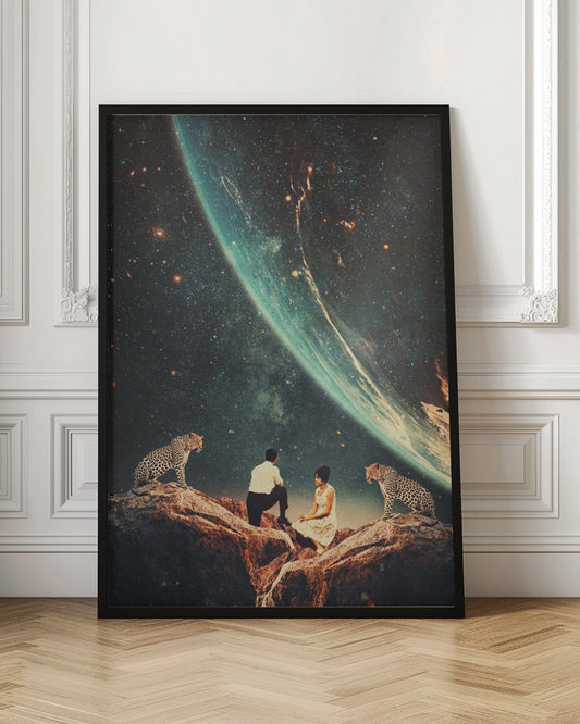 A surreal vintage-style collage depicting a man and a woman sitting on a rocky cliff, flanked by two leopards, as they gaze upon the vast expanse of a star-filled galaxy and a large, glowing planet looming in the sky. Decor