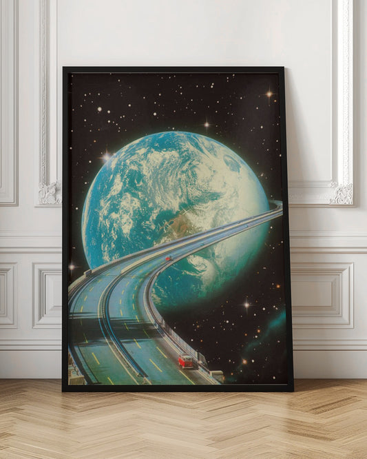 A surreal, vintage-style collage depicting a multi-lane highway encircling the planet Earth like the rings of Saturn. Two small, red vintage cars are driving along the road against a backdrop of a star-filled black sky. Print