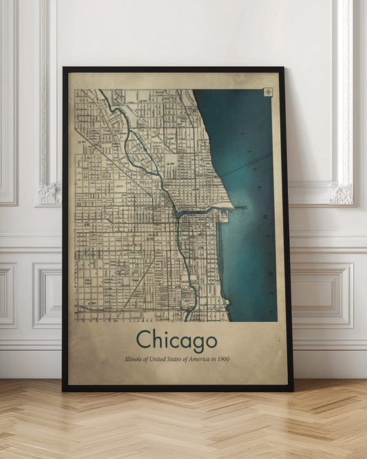 A framed vintage-style map of Chicago from the year 1900. The map details the city grid on an aged beige paper background, with Lake Michigan and the Chicago River highlighted in a deep teal color. Below the map, text reads 'Chicago' and 'Illinois of United States of America in 1900'. Artwork