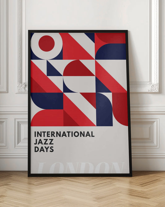 A framed poster advertising 'International Jazz Days London'. The top two-thirds feature a bold, abstract geometric pattern in a grid format, using red, dark blue, and off-white shapes like circles, semi-circles, and diagonal blocks. The bottom third displays the text 'INTERNATIONAL JAZZ DAYS' in a black sans-serif font against the off-white background. Wall Art
