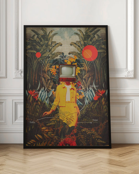 A surreal vintage-style collage of a person with a retro television for a head, wearing a bright yellow suit. They stand amidst a lush tropical jungle of green leaves and colorful flowers. Abstract elements like red circles and white lines connect to the words 'Patience', 'Serenity', 'Hope', and 'Faith'. Poster