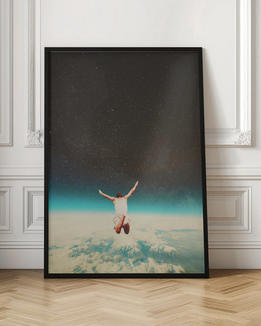 A surreal collage showing a man from behind, jumping with arms outstretched towards a vast, starry night sky, high above a sea of clouds and the blue glow of Earth's atmosphere. Print