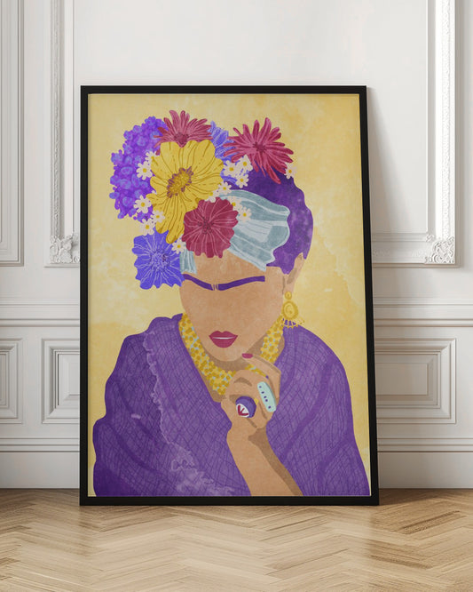 A stylized portrait illustration of a woman resembling Frida Kahlo against a yellow background. She wears a crown of vibrant purple, yellow, and magenta flowers, a purple dress, and gold jewelry. Her face is abstracted, featuring her iconic unibrow and red lipstick. Wall Art