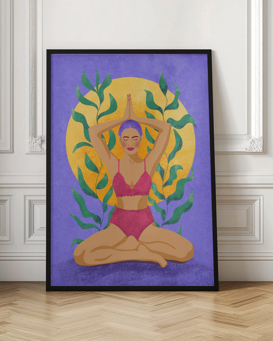 A colorful illustration of a woman with purple hair meditating in a yoga pose. She sits cross-legged with her hands pressed together above her head, wearing a pink lingerie set. Behind her is a large yellow sun against a purple background, framed by green leaves. Print