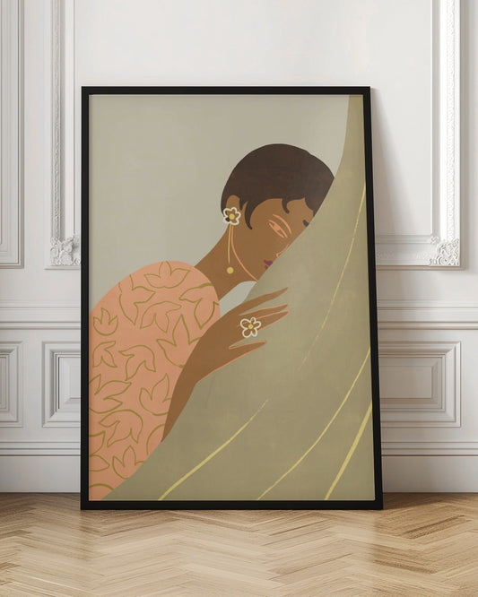 An Art Deco style illustration of a woman with dark skin and short hair, wearing a peach-colored patterned dress and flower-shaped jewelry. She is shown in profile, leaning her head against a muted green curtain with a serene expression. Print