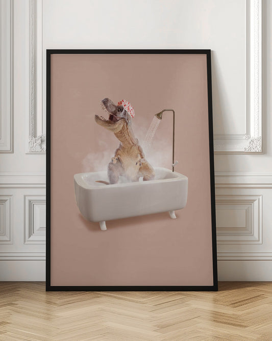 A humorous image of a Tyrannosaurus Rex wearing a red and white shower cap while taking a shower in a small white bathtub. The dinosaur has its head tilted back with its mouth open, enjoying the water, and is surrounded by steam against a dusty pink background. Print