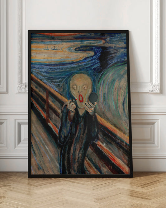 A humorous parody of Edvard Munch's 'The Scream,' where the iconic despairing figure is comically applying bright red lipstick while looking in a handheld mirror against the turbulent, colorful backdrop. Print
