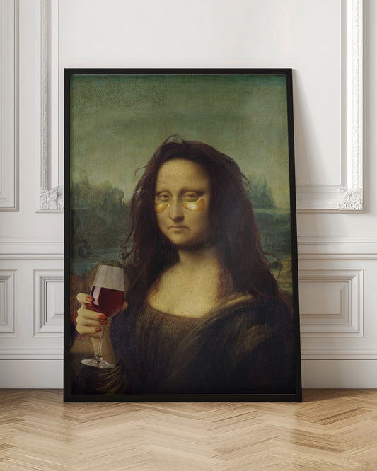 A humorous digital alteration of the Mona Lisa painting where she appears tired with messy hair, wearing gold under-eye masks, and holding a glass of red wine. Artwork