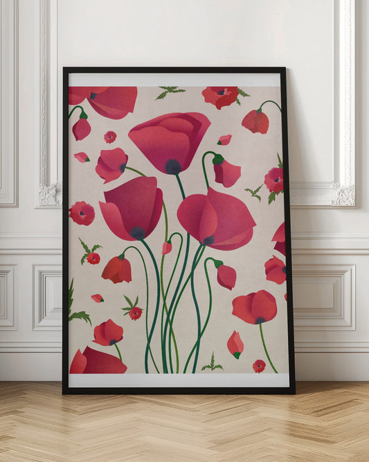 A stylized art print of various red poppy flowers against a light cream background. A central cluster of large poppies with long green stems is surrounded by smaller flowers, buds, and floating petals, creating a dynamic floral pattern inside a black frame. Wall Art