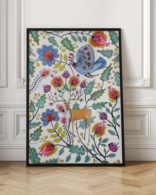 A vibrant, folk art-style illustration featuring a brown deer with large antlers and a blue patterned bird amidst a dense arrangement of colorful, stylized flowers and green leaves on a white background. Poster