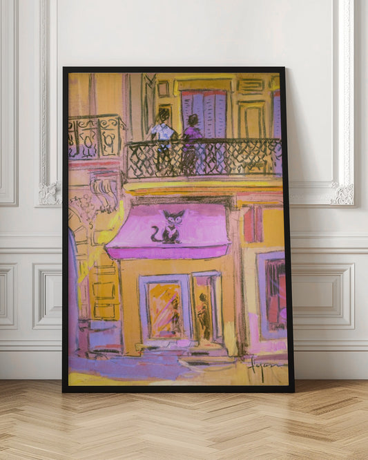 An impressionistic painting of a city street scene with a warm, yellow building. A stylized black cat with large eyes sits on a bright pink awning above a shop window. On the balcony above, two figures stand behind a black wrought-iron railing. Artwork