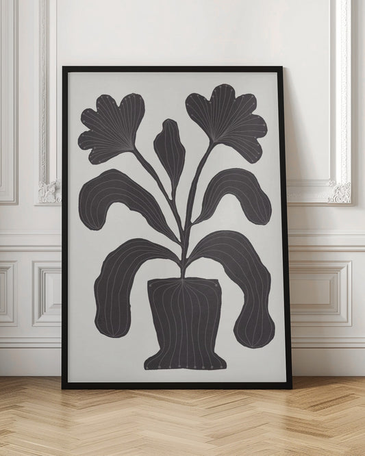 A modern black and white illustration of a stylized plant in a pot against an off-white background. The plant features large, drooping leaves and two fan-like flowers at the top. The entire black silhouette is detailed with fine, light-colored lines giving it texture and a sense of veining. Wall Art