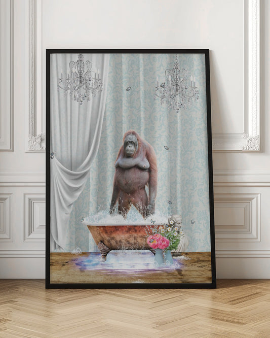 A surreal and whimsical artwork of an orangutan standing in a bubbly, vintage clawfoot bathtub inside a lavishly decorated bathroom with crystal chandeliers, light blue damask wallpaper, and elegant white curtains. Poster