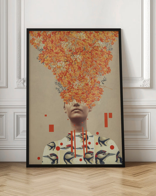 A surrealist collage featuring a portrait of a person whose head is replaced by an explosive bouquet of vibrant orange flowers. The person is wearing a shirt patterned with vintage illustrations of woodpeckers, and the composition is set against a neutral beige background with abstract red geometric shapes. Wall Art