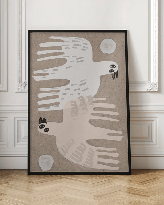 A framed folk-art style illustration featuring two stylized birds on a textured beige background. An off-white bird flies to the right at the top, and a pale pink bird flies to the left at the bottom, with small white circles in the corners. Decor